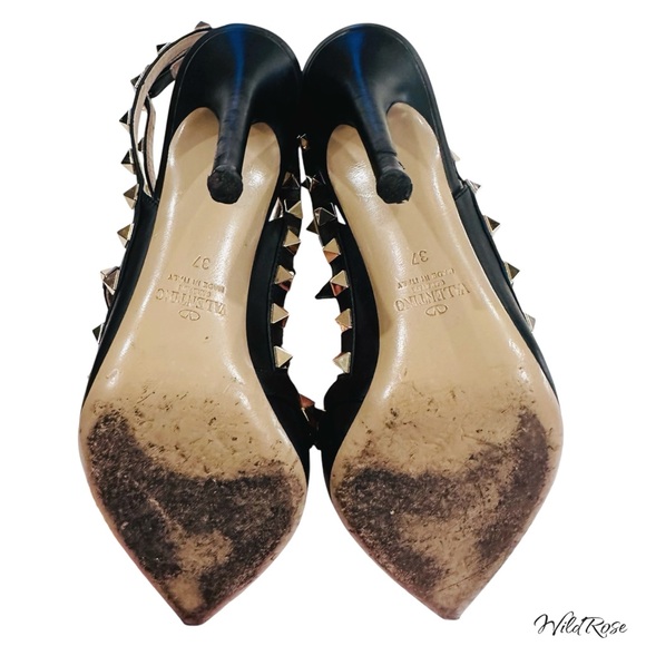 VALENTINO GARAVANI Black Leather Strappy Rockstud Ankle Strap Heels SZ 37 - Picture 12 of 17